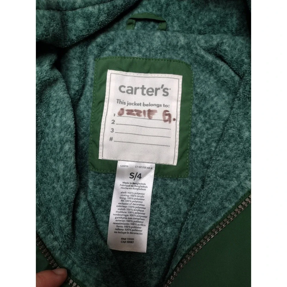 Carters Kids Adventure Bear Hooded Jacket Green Colorblock Fleece Lined Size 4